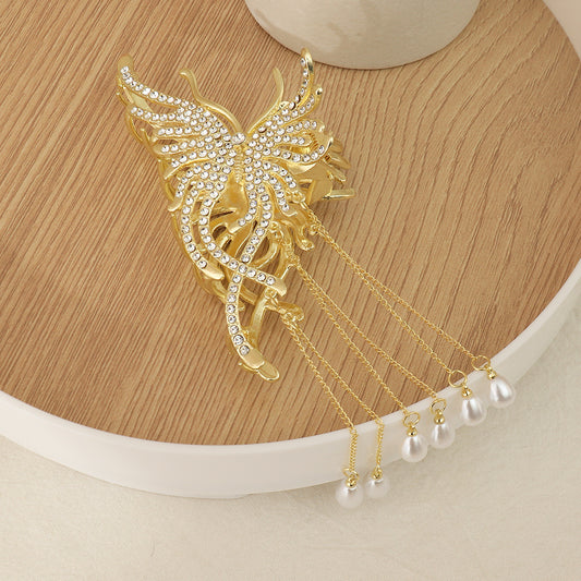 Medium Hair Claw Clip Rhinestone Faux Pearl Decor Barrette for Thin Thick Hair