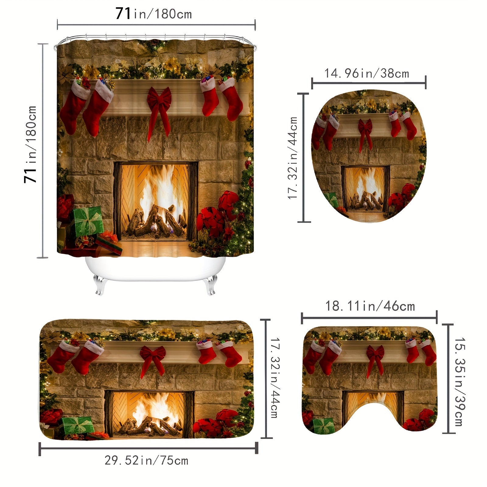 Festive Christmas Fireplace Shower Curtain Set - Christmas Decorations