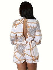 Women's Plus Colorblock Chain & Leopard Print Long Sleeve Romper