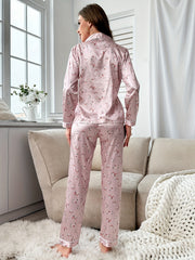 Floral Print Satin Pajama Set Long Sleeve Top & Elastic Waistband Pants