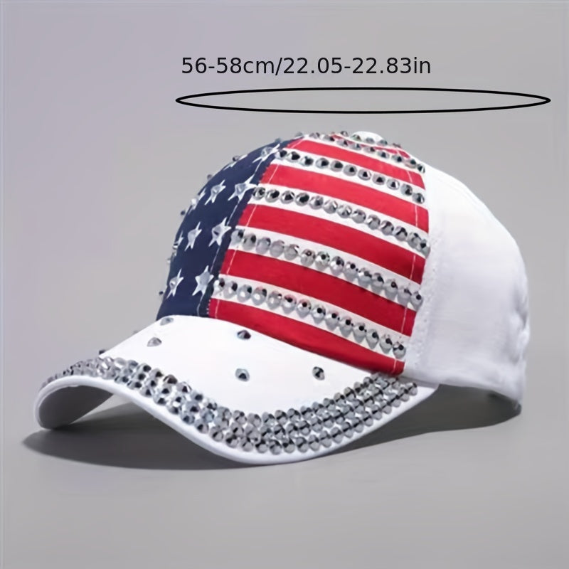 Flag Print Baseball Cap Rhinestone Decor Adjustable Dad Hat