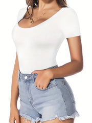 Solid Scoop Neck Bodysuit Short Sleeve Summer Women