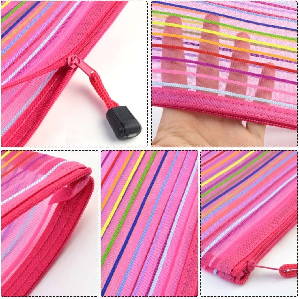 6pcs Plastic Pencil Case Zipper Mesh Bag Office Pen Cosmetic Makeup Bag