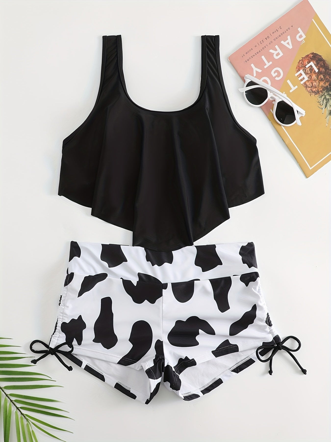 Print Ruffled Trim Tankini Set Tie Side Boxer Short 2Pc Swimsuit