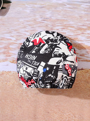 Boys Swim Trunks & Swim Hat Comic Print Elastic Waist Beach Pants
