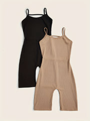 2pcs Solid Ribbed Pajama Rompers Crew Neck Backless Pajamas