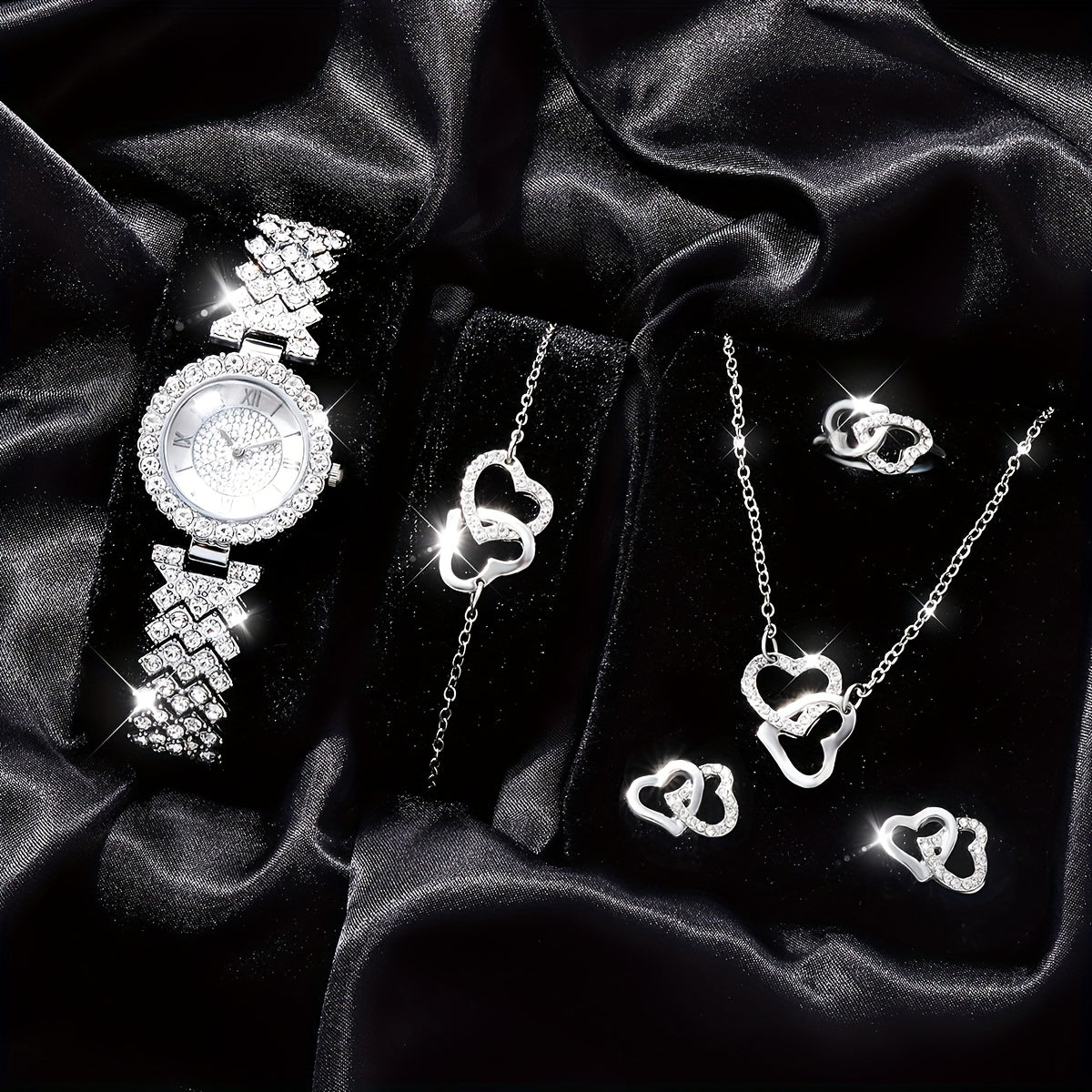 Kids Rhinestone Watch & Jewelry Set, Roman Digital Analog, 5pcs