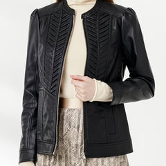 Faux Leather Zipper Coat Woven Pattern Slim Outerwear