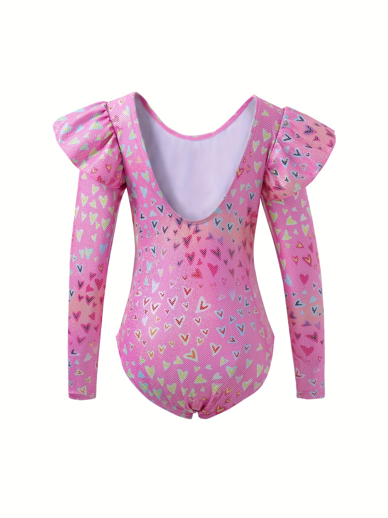 Girls Heart Graphic Flutter Trim Long Sleeve Gymnastics Leotard