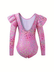 Girls Heart Graphic Flutter Trim Long Sleeve Gymnastics Leotard