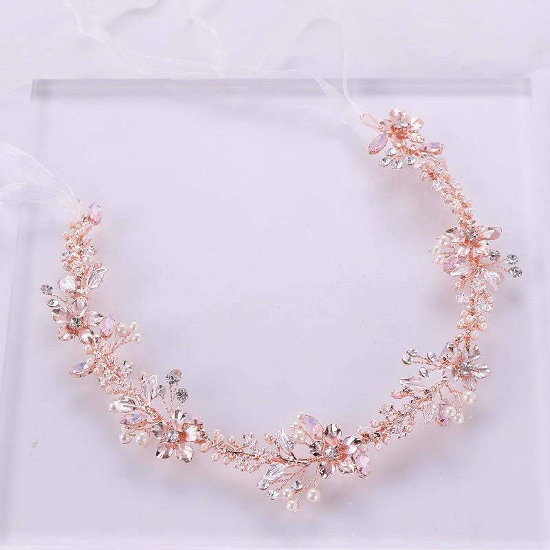 Rose Golden Flower Headband Wedding Faux Pearl Rhinestone Hairband