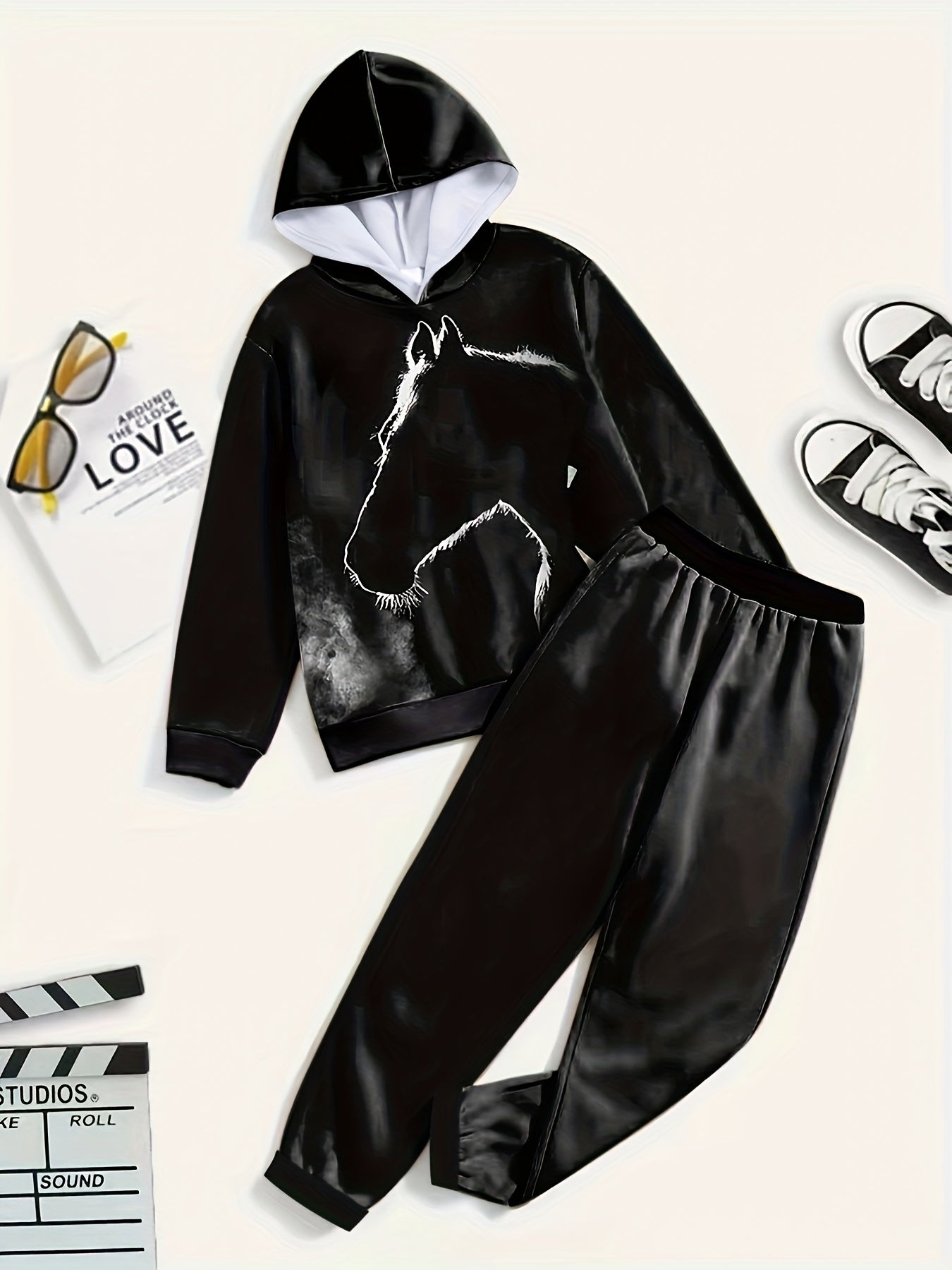 2pc Horse Graphic Hoodies Jogger Pants for Boys Girls