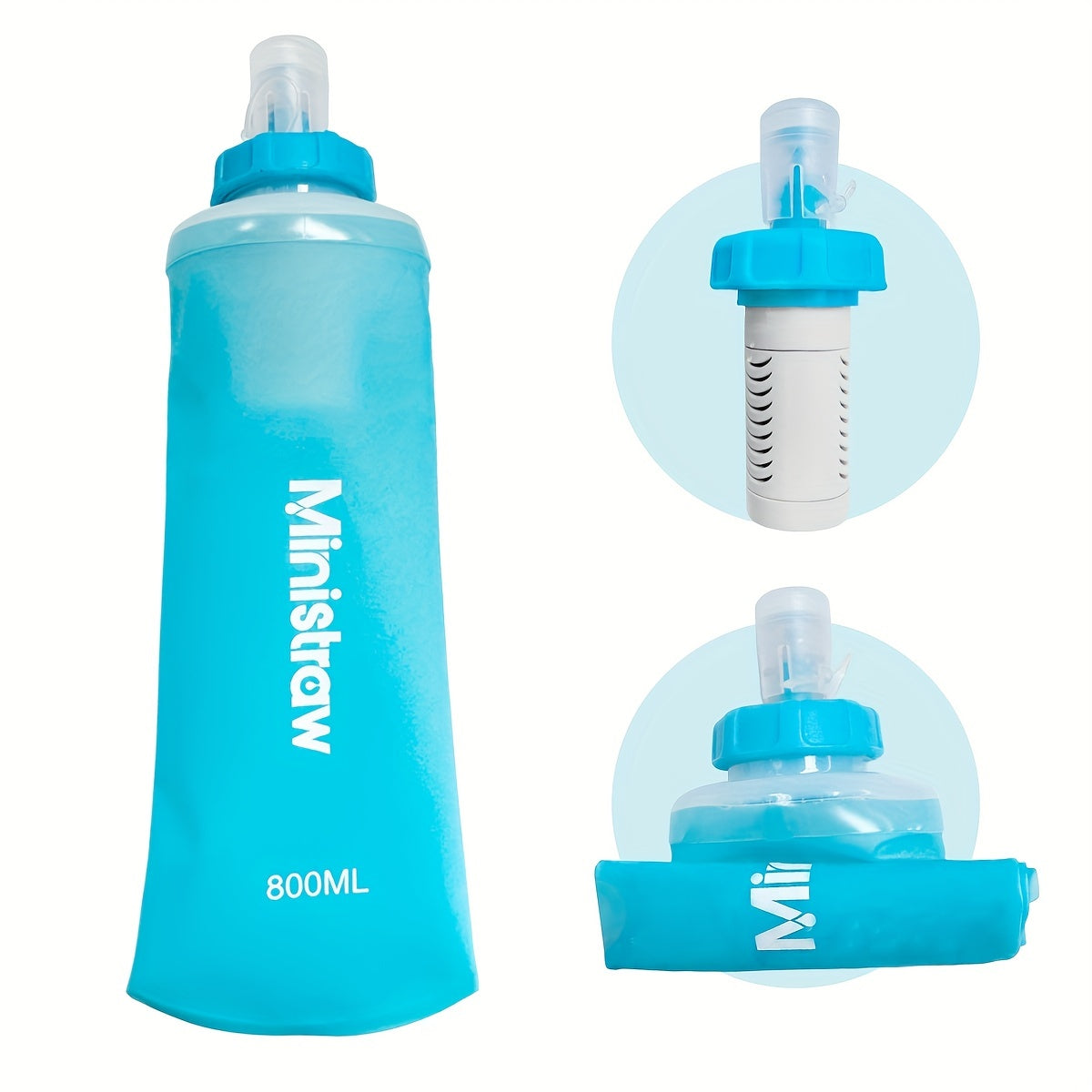 800ml Collapsible Water Bottle w/ Filter BPA Silicone Camping Hiking