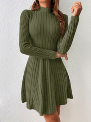 Solid Ribbed Dress Casual Mock Neck Long Sleeve Dress Women's Clothing