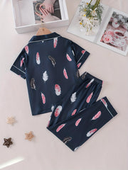 Girls Feather Graphic Button Pajama Set Short Sleeve Top & Pants Sleepwear