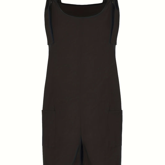 Solid Tie Shoulder Round Neck Romper Overalls