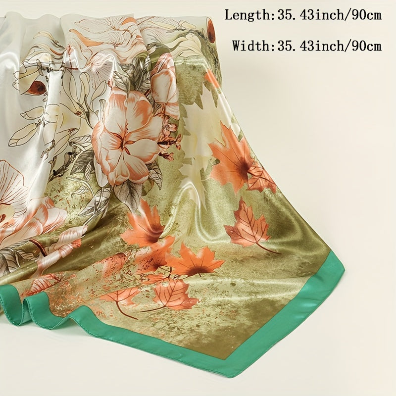Maple Leaf Flower Print Bandana Satin Square Scarf Silk Shawl Women