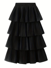 Solid Layered Draped Skirt Mid Length Cake Skirt