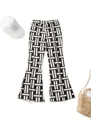 Girls Ribbed Geometric Flare Leg Pants Elastic Waist Casual
