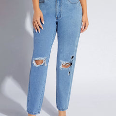 Ripped Button Up Straight Leg Jeans
