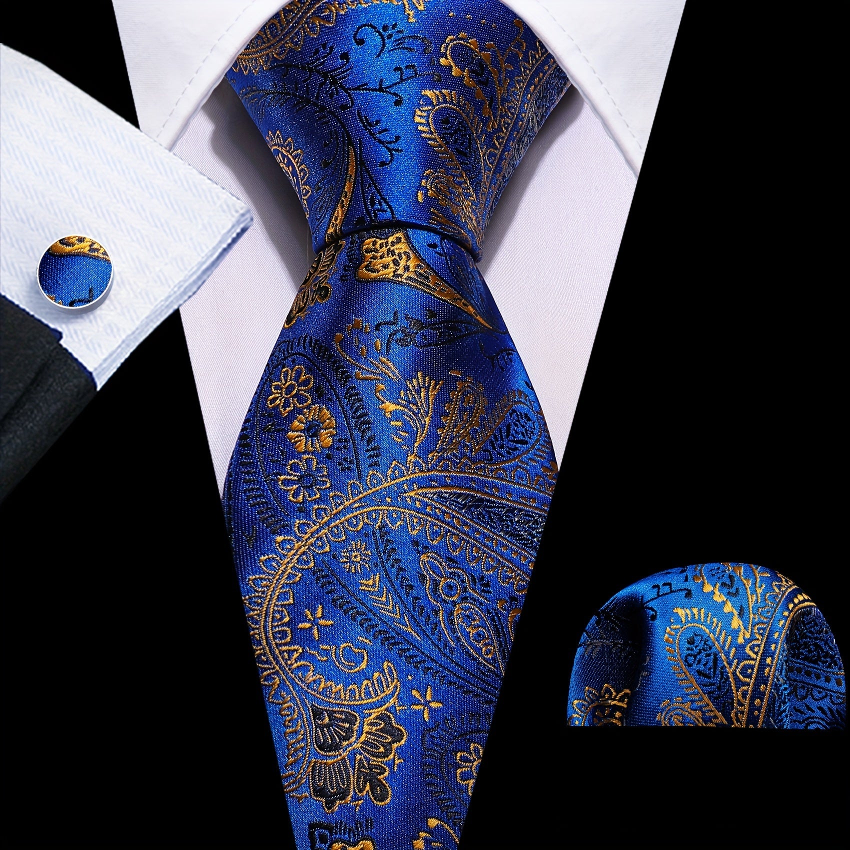 Barry Wang Men's Tie Paisley Set Dark Jacquard Pocket Square Cufflinks