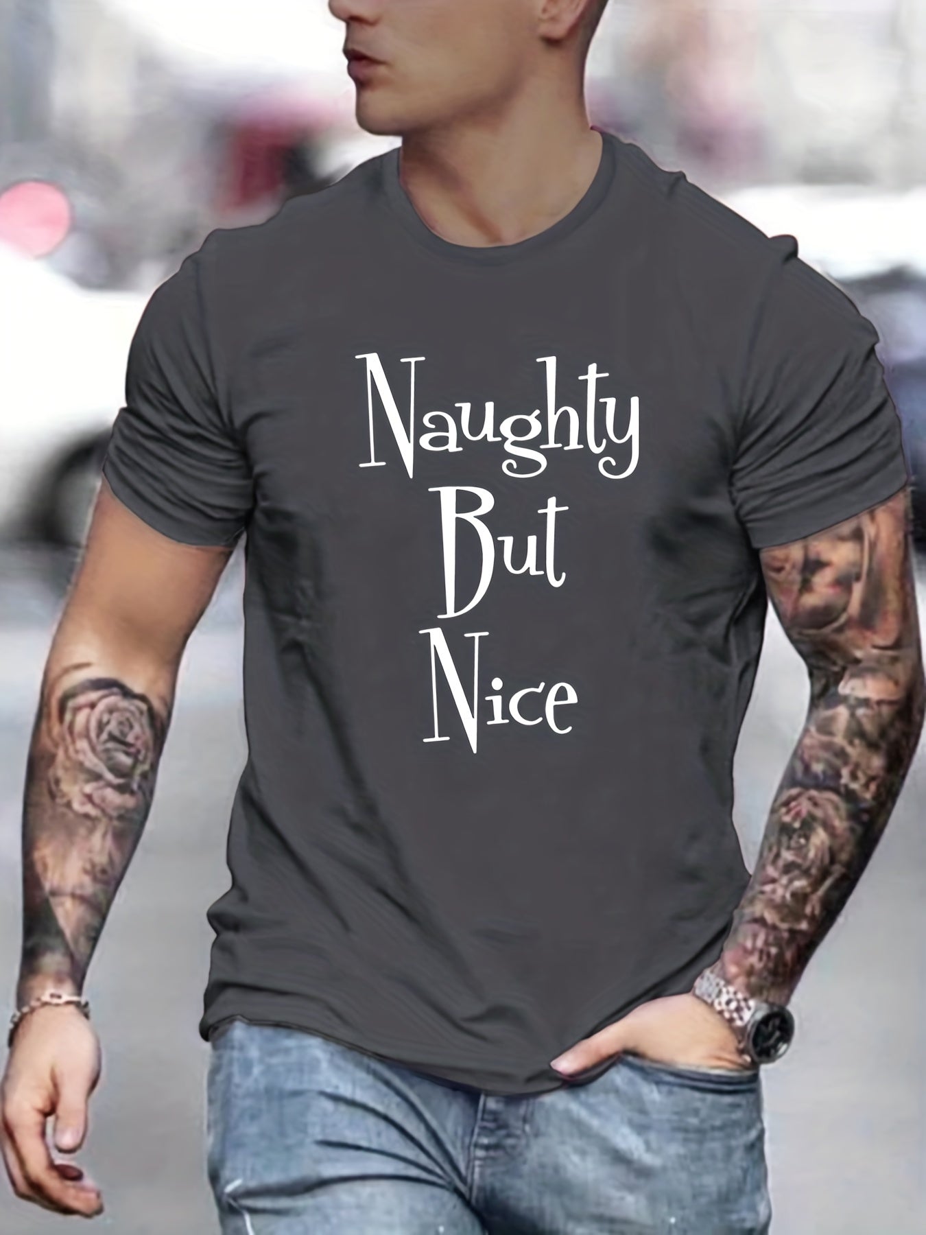 Men's Naughty But Nice Letter Print T-shirt for Summer
