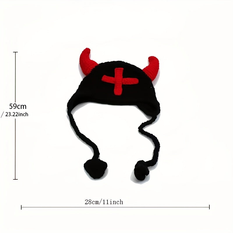 Funny Horn Cross Knit Hat Unisex Bull Horn Crochet Beanie Cap