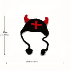 Funny Horn Cross Knit Hat Unisex Bull Horn Crochet Beanie Cap