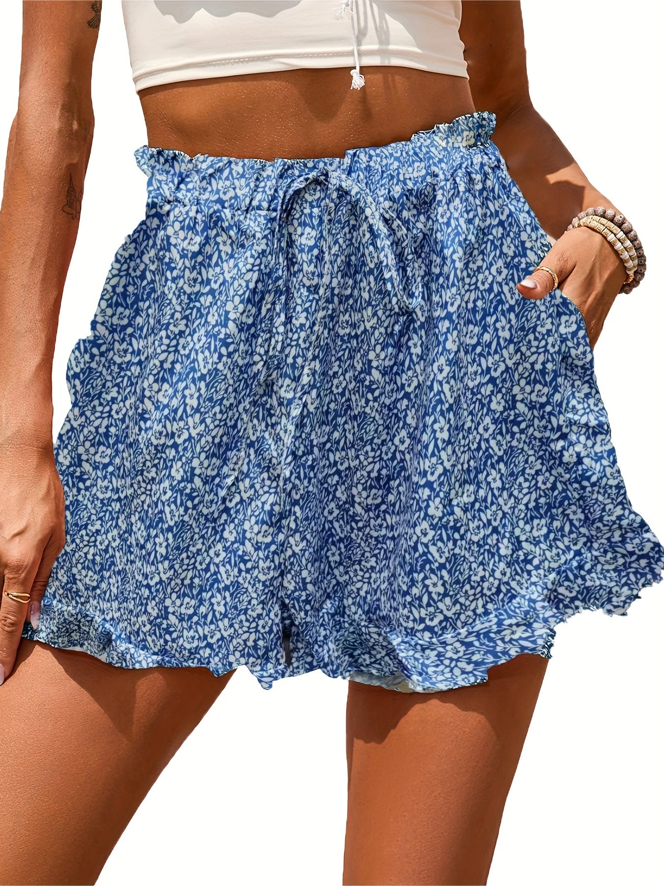 Boho Ditsy Floral Smocked Shorts Ruffle Waist Summer Women's Clothing