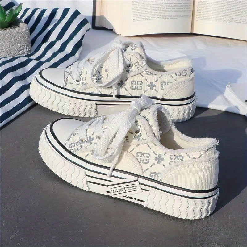 Women's Platform Canvas Print Lace Up Low Top Shoes