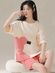 Bear Print Pajama Set Short Sleeve Crew Neck Top & Shorts