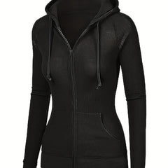 Solid Zipper Kangaroo Pocket Hoodie Casual Drawstring Hoodies