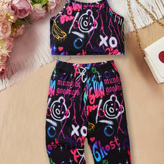 Girls Colorful Bear Tank Top and Long Pants Set