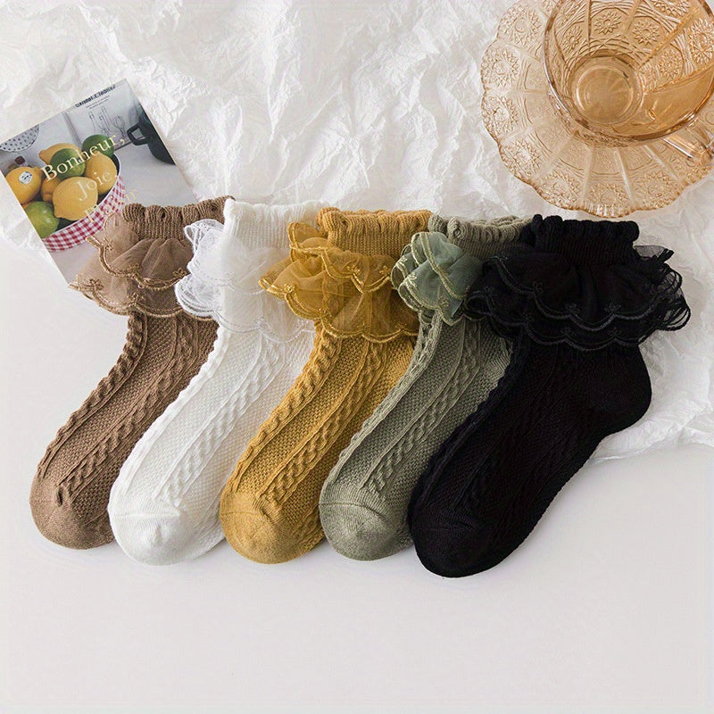 5 Pairs Girls Cotton Lace Ruffled Socks Kids Children's Short Socks