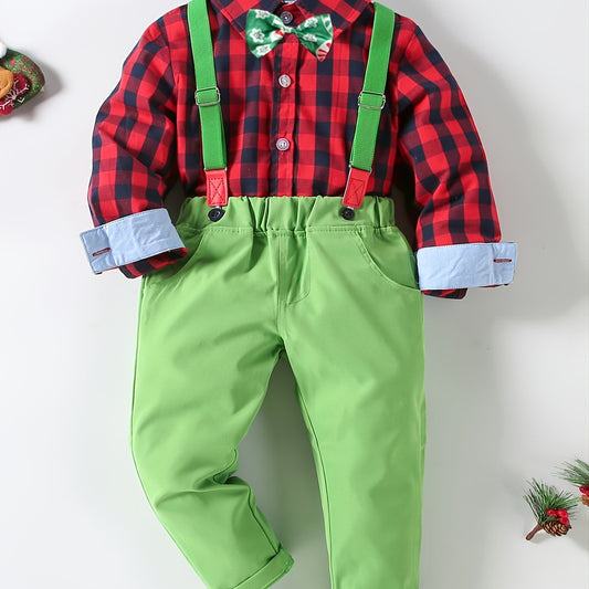 3pcs Toddler Boys Plaid Shirts & Solid Overalls Sets with Bow Tie