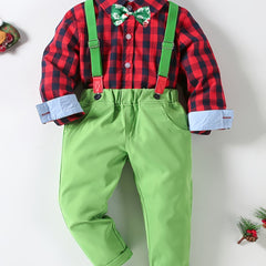 3pcs Toddler Boys Plaid Shirts & Solid Overalls Sets with Bow Tie
