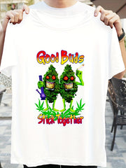 Cartoon Buds & Letter Print Pullover Shirts Crew Neck Short Sleeve Side Knot