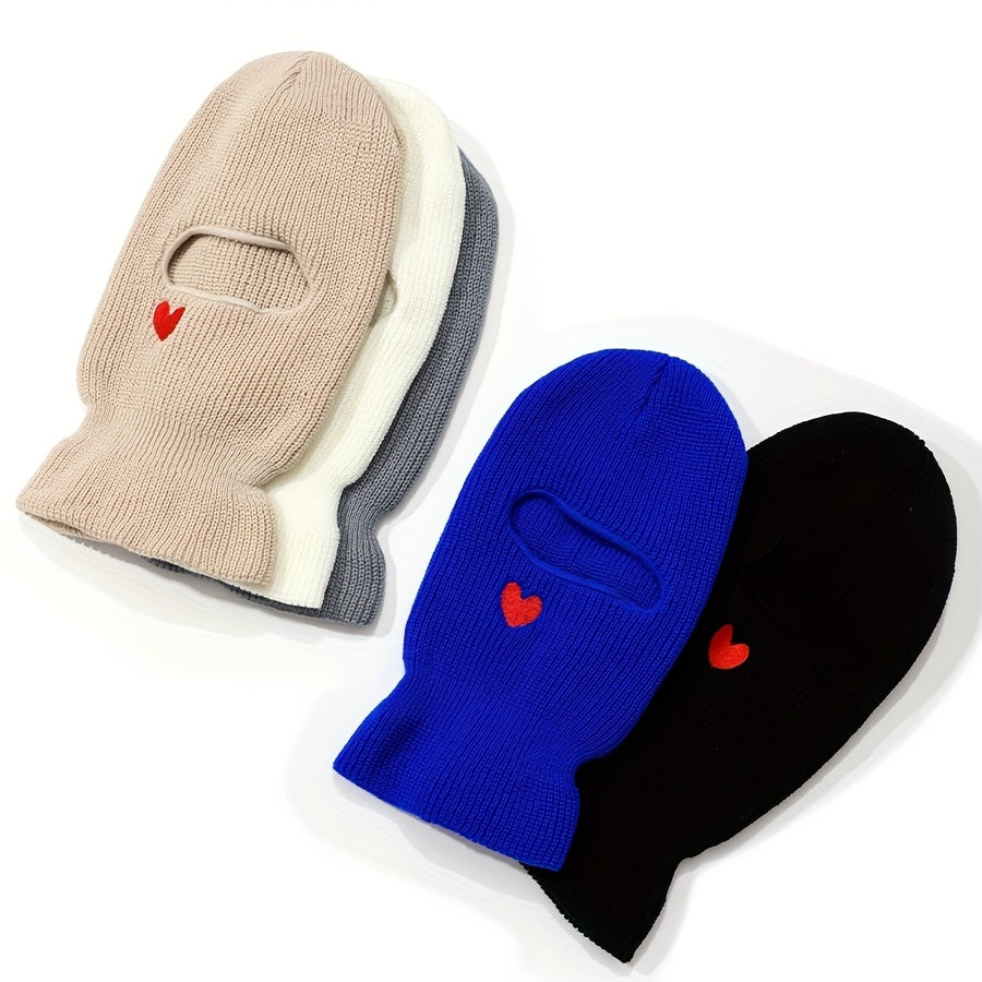 Red Heart Embroidery Ski Mask Solid Beanie Knitted Face Covering Elastic
