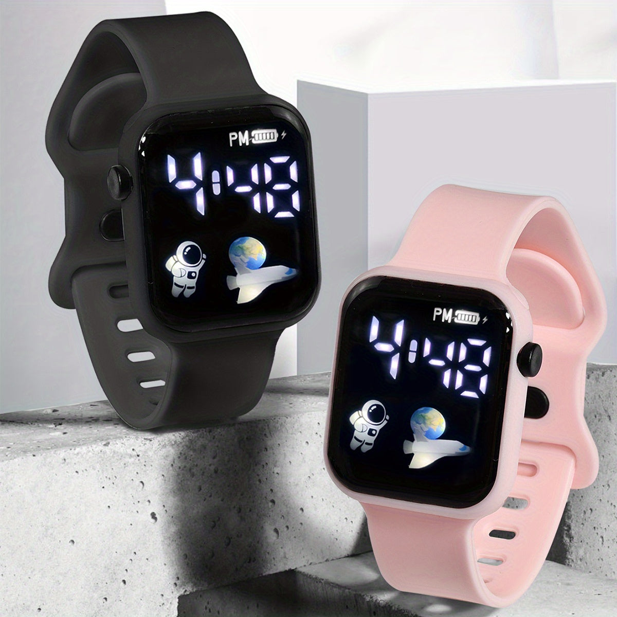 2pcs Astronaut Pattern LED Screen Electronic Watch for Boys Girls Teens