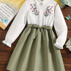 Girls Flowers Embroidered Collared Dress