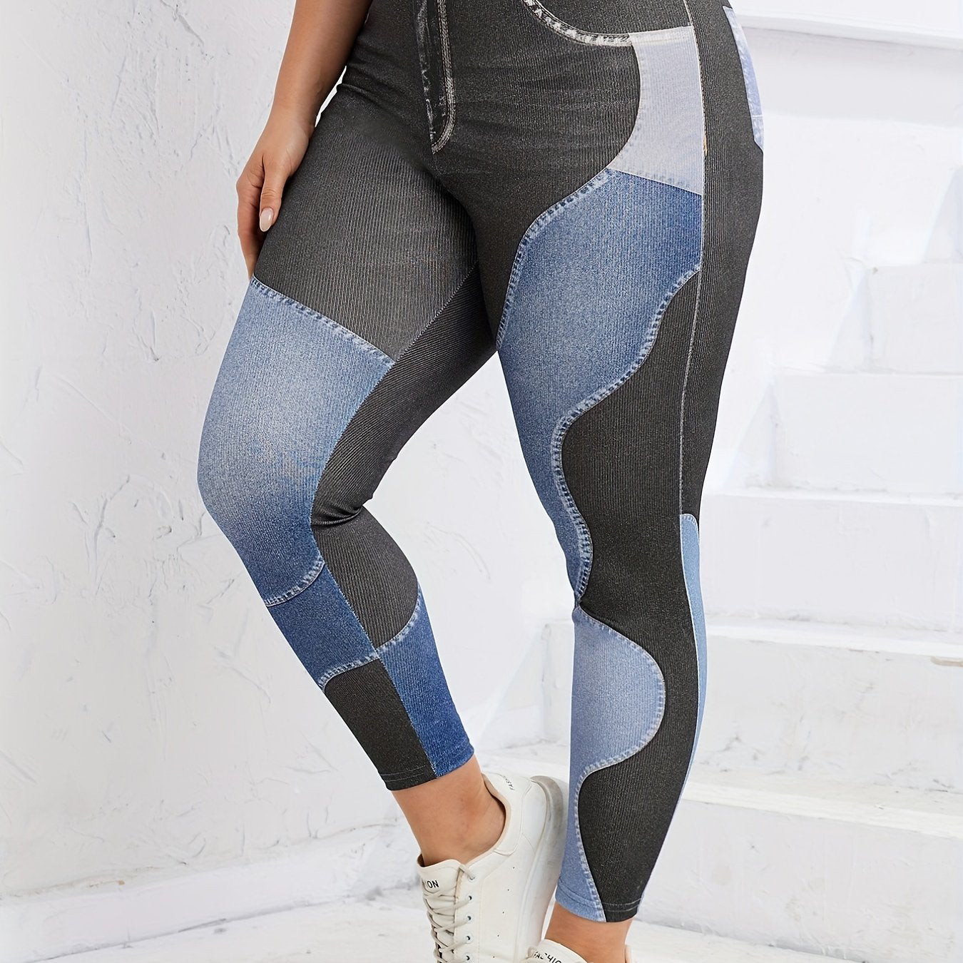 Denim Print Colorblock High Rise Leggings Plus Size Women Jeggings