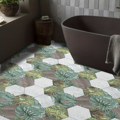 11pcs Plant Leaf Rock Pattern Self-adhesive Hexagon Floor Stickers