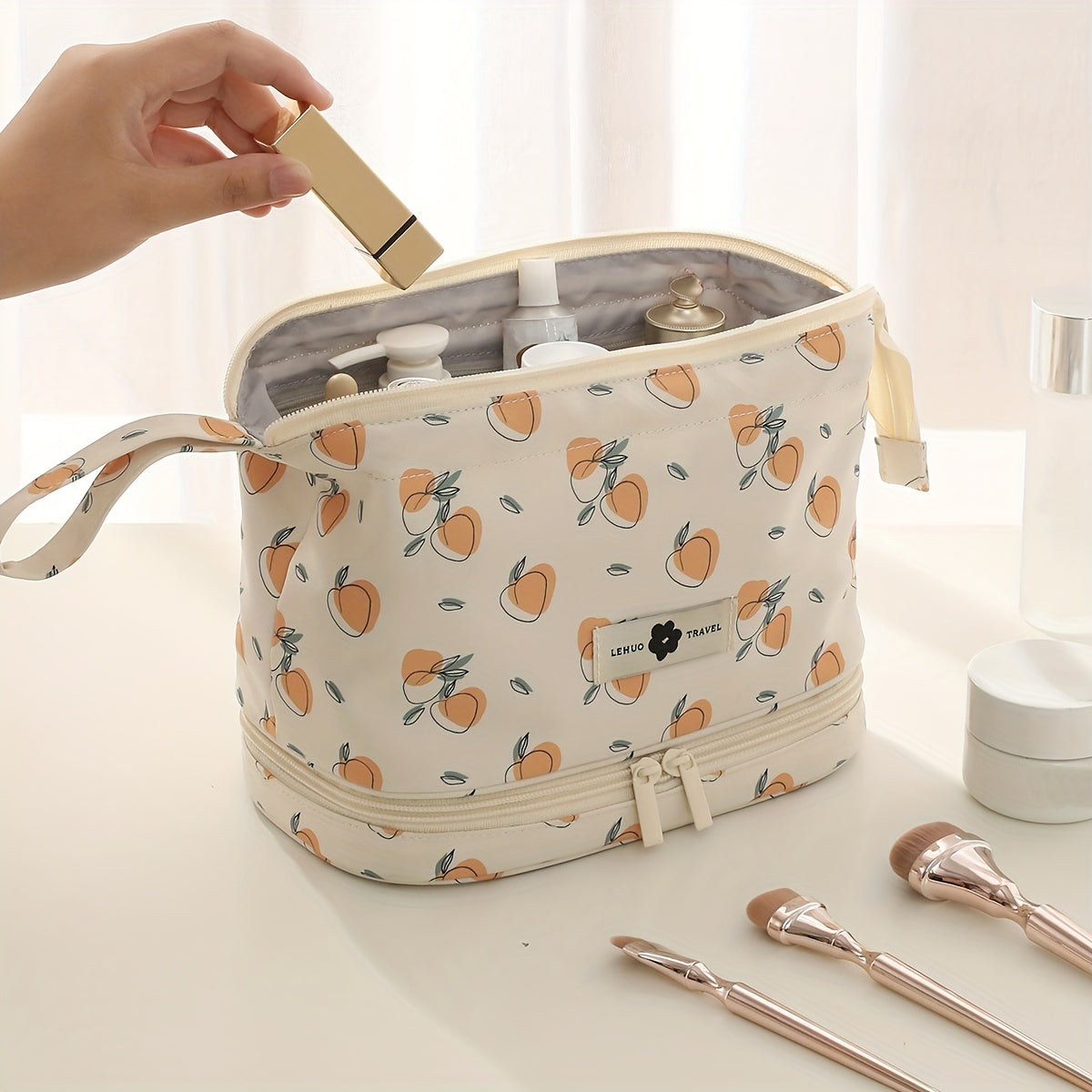Large Capacity Double Layer Toiletry Bag with Brush Pouch