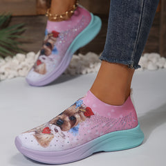 Breathable Cartoon Dog Print Non slip Running Shoes with Rhinestone Decoration