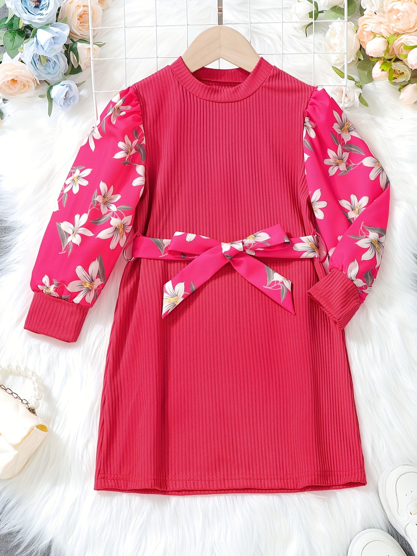 Floral Colorblock Long Sleeve Casual Dress Set with Belt