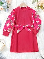 Floral Colorblock Long Sleeve Casual Dress Set with Belt