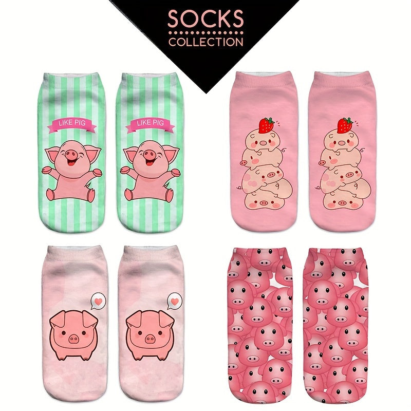 4 Pairs Pig Print Low Cut Ankle Socks Women's Stockings & Hosiery