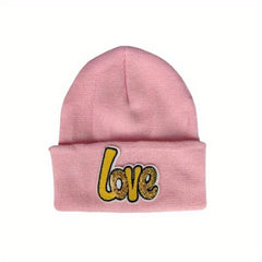 LOVE Sequin Decor Beanie Couple Knit Hat Lightweight Warm Skull Cap