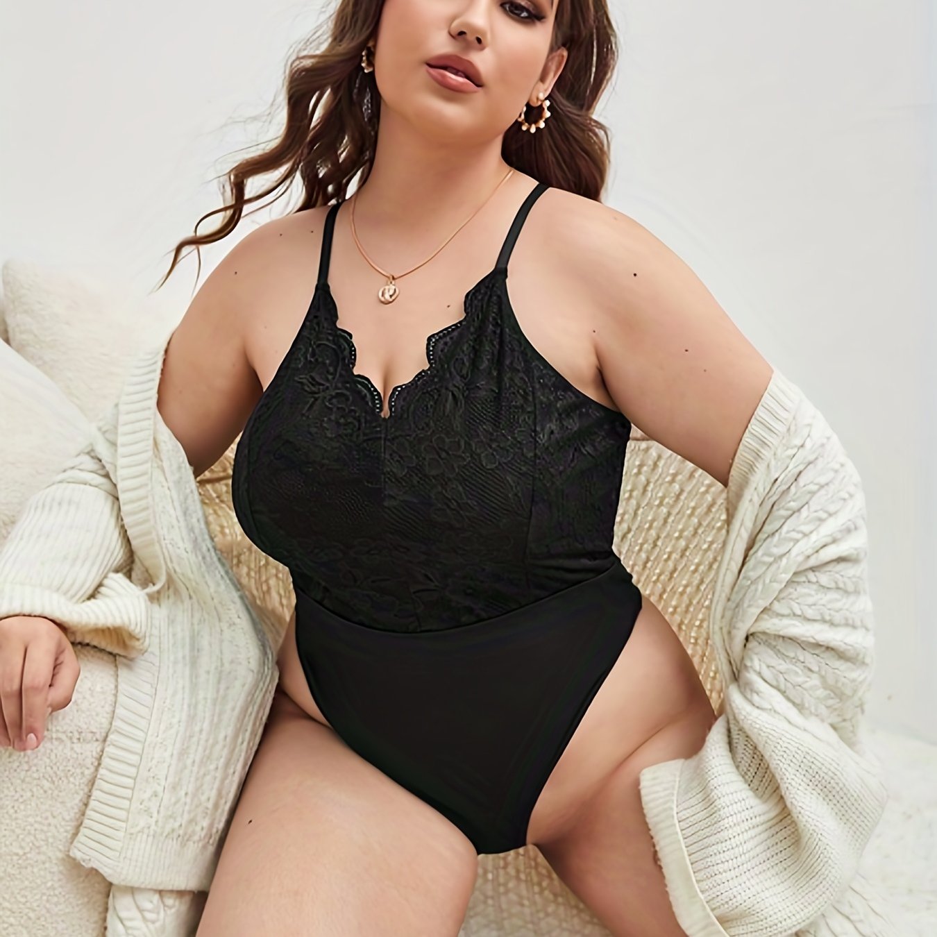 Floral Jacquard Wave Trim Teddy Bodysuit for Women