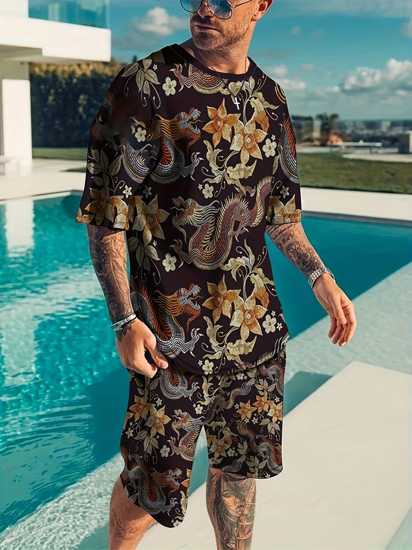 Dragon Print Men's 2 Piece Outfits T-shirt & Shorts Set for Summer